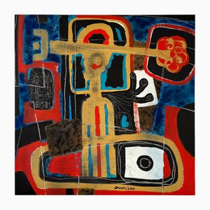 Philippe Zanolino, Red, Blue, Black and Gold Abstract Composition, Oil on Canvas