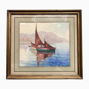Geo Duchesne, Mediterranean Marine, Watercolor, 20th Century, Framed