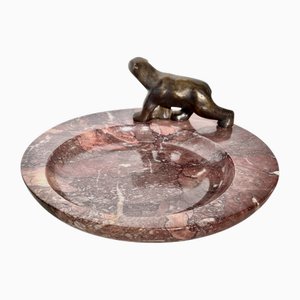 Extra große und schwere Art deco Steinschale aus Marmor mit Bronzebären, um 1920 Ablageschale Visitenkartenschale