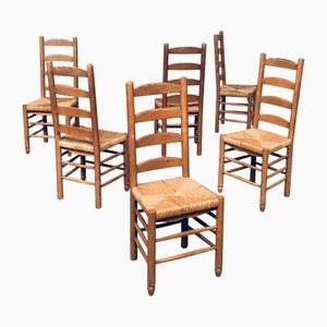 Rustic Oak and Rush High Ladder Back Dining Chairs, Belgium, 1950s, Set of 6