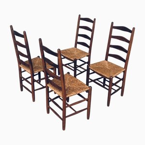 Rustic Handcrafted Oak and Rush High Back Dining Chairs, Belgium, 1940s, Set of 4