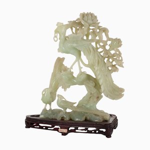 Antique Jade Sculpture with Wooden Base, China, 20th Century