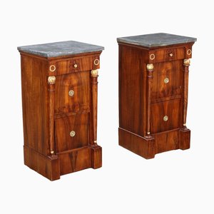 Antique Empire Bedside Tables in Walnut and Marble, Set of 2