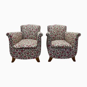 Art Deco Bergère Armchairs with Floral Upholstery, Set of 2