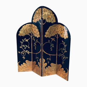 Asian Art Deco Revival Black and Gold Leaf Room Divider, 1980s