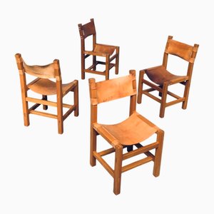 Brutalist Elm and Leather Dining Chairs attributed to Maison Regain, France, 1960s, Set of 4