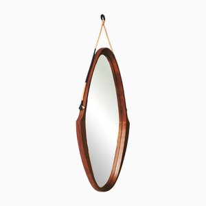 Vintage Oval Teak Mirror with Rope and Leather Details, 1950s