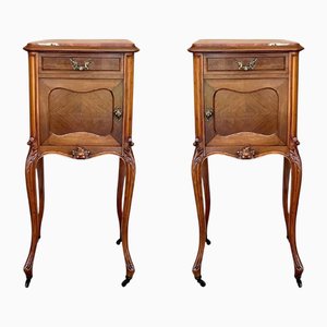 Tables de Chevet Antiques en Acajou avec Plateaux et Roulettes en Marbre, France, 1900s, Set de 2