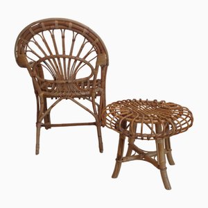Set of Peacook Armchair and Ottoman in Wicker and Bamboo attributed to Franco Albini, 1960s