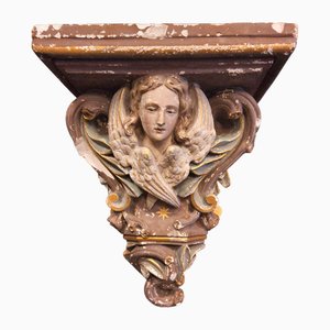 Large Antique Hand-Painted Plaster Church Wall Console of Angel with Wings, 19th Century