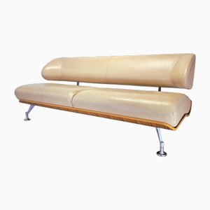 Italian Surfing Sofa in Cream Cow Leather, Wood Veneer and Stainless Steel by Pier Luigi Frighetto and Roberto Lazzeroni, 1996