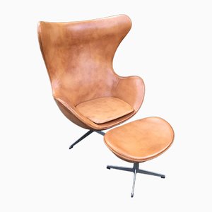 Cognac Leather Egg Chair and Ottoman by Arne Jacobsen for Fritz Hansen, 1960s