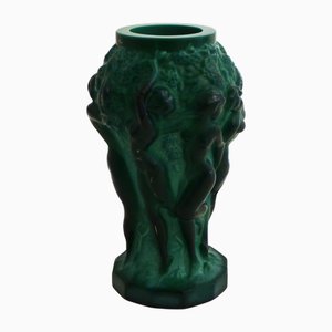 Small Czech Art Deco Vasein Malachite Green Opaline Glass with Bacchantes attributed to Heinrich Hoffmann, 1930s