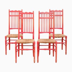 Dutch Red Lacquered Dining Chairs with Rush Seats, 1970s, Set of 4