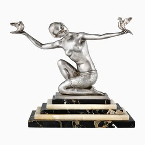 Joan Salvado Voltas, Art Deco Sculpture of Dancer with Birds, 1930, Bronze on Marble Base