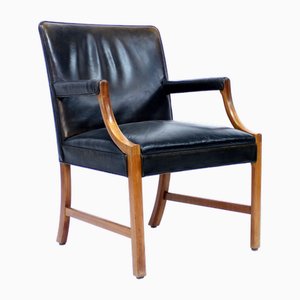 Danish Leather and Mahogany Lounge Chair by Ole Wanscher for A. J. Iversen, 1940s