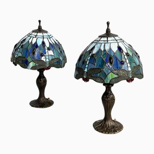 Lampes de Bureau Style Art Nouveau en Verre Coloré et Laiton, Italie, 1980s, Set de 2