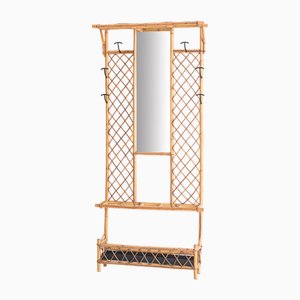 Vintage Hall Coat Rack with Mirror in Cane and Metal, 1960s