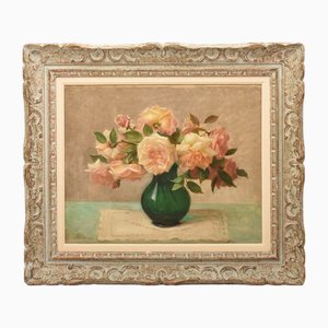 Art Deco Still Life with Vase of Roses, Oil on Canvas, 20th Century, Framed