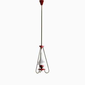 Italienische Mid-Century Hängelampe aus rotem Metall & Opalglas, 1950er