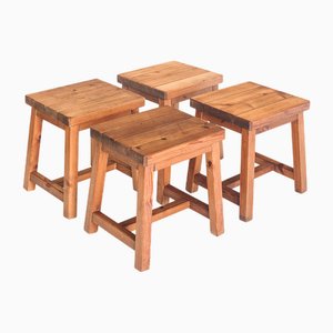 Vintage French Pine Stools, 1980s, Set of 4