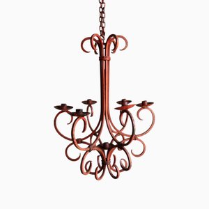 Antique Dusky Coral Painted Wrought Iron Candle Chandelier