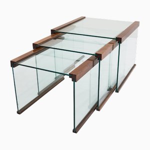 Folding Nesting Tables in Tempered Glass and Rosewood attributed to Gallotti & Radice, Set of 3