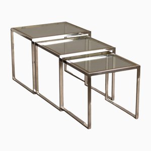 Vintage Nesting Coffee Tables in Brass, Glass and Metal, Italy, 1970s-1980s, Set of 3