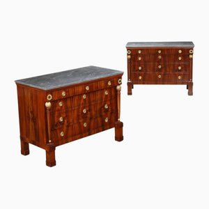 Empire Chests of Drawers in Walnut and Marble, Italy, 19th Century, Set of 2