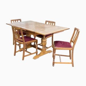 Light Oak Extendable Draw Leaf Table and Chairs, 1930s, Set of 5