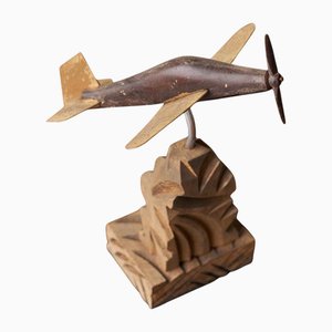 Avion à Hélice Art Déco en Bois Sculpté et Métal, 1920s