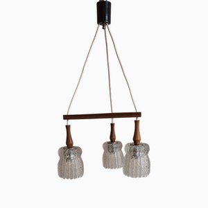 Vintage Triangular Teak 3-Bulb Ceiling Lamp Relief Glass Shades, 1970s