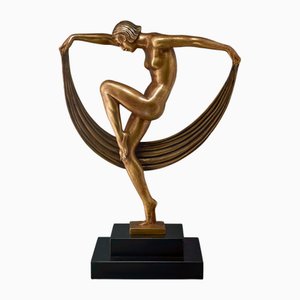Marcel Bouraine / Denis, Sculpture Art Déco de Danseuse avec Voile, années 1920-1940, Bronze sur Marbre