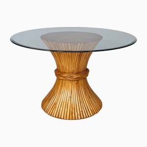Moderner runder Esstisch aus Bambus & Glas, McGuire zugeschrieben, USA,1970er