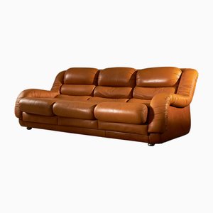 Divano e poltrone in pelle marrone, anni '70, set di 3