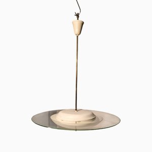 Lámpara colgante de vidrio leche naranja y disco transparente atribuida a Gio Ponti para Fontana Arte, años 40