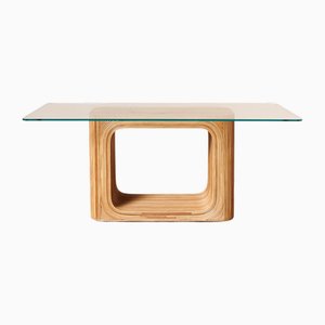Table de Salle à Manger en Marqueterie de Rotin et Plateau en Verre par Henri Paris