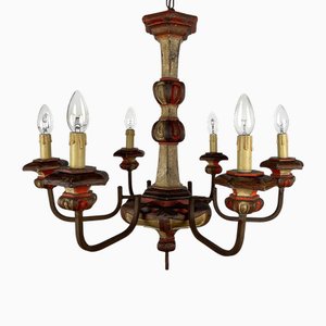Tuscan Chandelier in Red Wood and Ivory with Six Lights, 1970s