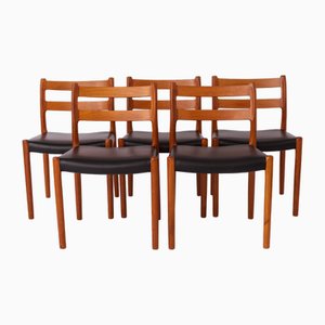 Sillas de comedor modelo 84 danesas Mid-Century modernas de teca y cuero de Niels Otto Møller, 1974. Juego de 5