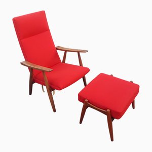 Set of Danish GE260 Teak Armchair with Red Fabric Ottoman by H.Wegner for Getama, 1960s