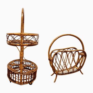 Bamboo Food Trolley and Magazine Rack, 1970s, Set of 2