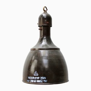 Industrial Grey Brown Enamel and Brass Pendant Light, 1950s