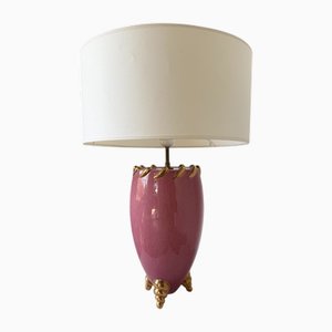 Lampada da tavolo tripode rosa e dorata in ceramica, anni '70