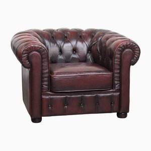 Large Dark Red Flamed Cowhide Leather Chesterfield Armchair