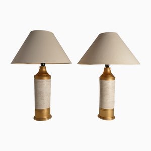 Mid-Century Modern White & Gold Ceramic Table Lamps by Bitossi for Bergboms, 1970s, Set of 2