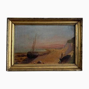 D'après R. Coubinier, Un Bateau Sur Une Côte Rocheuse, Huile sur Carton, Encadrée