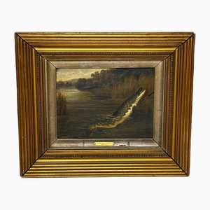 Arthur Roland Knight, Pike Fish Caught by Gaff Pole, 1890s, Oil Painting, Framed