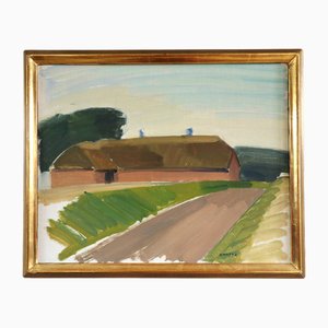 Barn by Country Road, Ölgemälde, Gerahmt