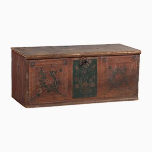 Antique Wooden Trunk with Floral Motifs, 1920s