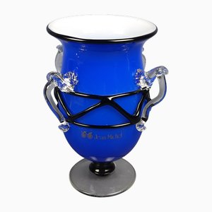 Blue and Black Glass Vase with 4 Modern Handles by Jean Michel, France, 1980s